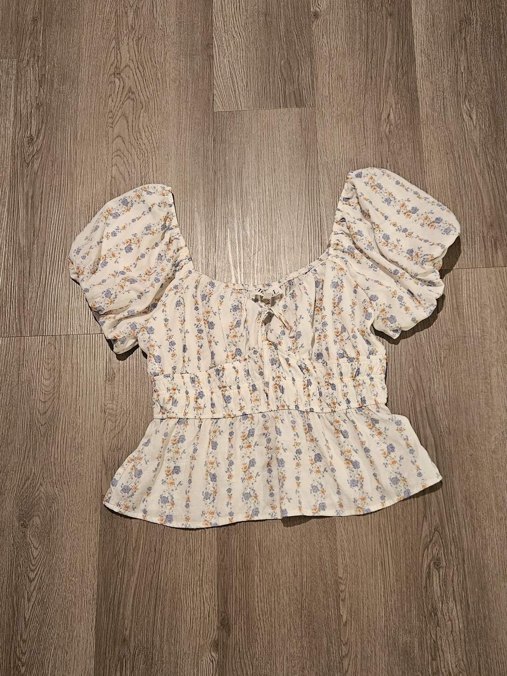 Trixxi Cream Floral Puff Sleeve Peplum Top with Blue and Orange Flowers